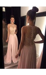 Perlrosa Spitze Chiffon A-linie Halfter Lange Ballkleider (GJT3944)