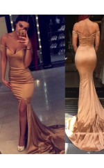 Dunkle Champagner Charmeuse Trompete / Meerjungfrau Von Der Schulter Kurzarm Lange Sex Ballkleider (GJT3947)