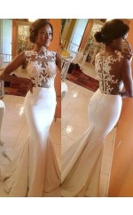 Elfenbein Taft Spitze Trompete / Meerjungfrau Illusion Lange Abendkleider (GJT3953)