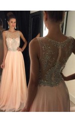 Perlrosa Tüll A-linie Illusion Lange Abendkleider (GJT3954)