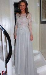 Graue Chiffon A-linie Bateau Langarm Bodenlange Abendkleider (GJT3959)