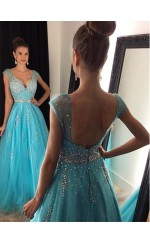 Pool Tüll A-linie V-ausschnitt Kurzarm Bodenlange Abendkleider (GJT3961)