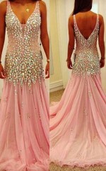 Bodenlange Ballkleider Aus Rosa Tüll Mit A-linie Und V-ausschnitt (GJT3963)
