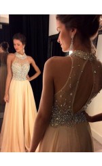 Champange 30d Chiffon A-linie Halfter Bodenlange Ballkleider (GJT3964)