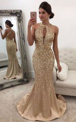 Meerjungfrau Halfter Mit Pailletten Zug Satin Kleid JTC10083