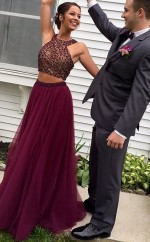 A-linie Halfter Tüll Mit Perlen Bodenlangen Zweiteiligen Kleid JTC10163