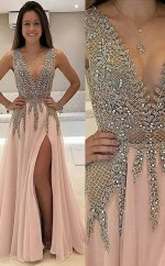 A-linie V-ausschnitt Zug Mit Perlen Tüll Kleid JTC10343