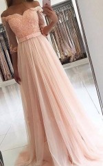 A-line 34 Ärmel Schulterfreier Tüll Mit Sashribbonbelt Zugkleid JTC10393