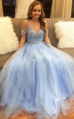 A-line Schulterfreier Bodenlanger Tüll Mit Perlenkleid JTC11063