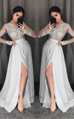 A-linie V-ausschnitt Lange Ärmel Zug Mit Spitze Chiffon Kleid JTC11253