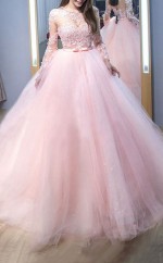 Ballkleid Juwel Lange Ärmel Zug Mit Spitze Tüll Kleid JTC11263