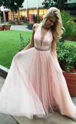 A-linie V-ausschnitt Bodenlang Mit Perlen Tüll Kleid JTC11313