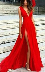 A-linie V-ausschnitt Bodenlang Mit Rüschen Chiffon Kleid JTC11413