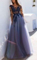 A-linie Schaufel Lange Ärmel Bodenlang Mit Applikation Tüll Kleid JTC11433