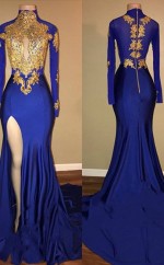 Meerjungfrau High Neck Langarm Zug Mit Applikation Spandex Kleid JTC11523