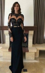 Scheide Juwel Lange Ärmel Mit Applikation Bodenlangen Spandex Kleid JTC11543