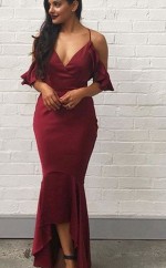 Meerjungfrau Spaghettiträger Kurze Ärmel Bodenlanges Asymmetrisches Satinkleid JTC11583