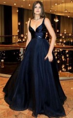 A-linie Träger V-ausschnitt Zug Mit Rüschen Tüll Kleid JTC11643