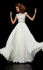 Ballkleid Chiffon High Neck Kurze Ärmel Bodenlang Mit Perlen Kleid JTC11730