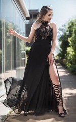 A-linie Halfter Bodenlanges Spitze Chiffon Kleid JTC16533