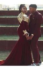 Meerjungfrau High Neck Lange Ärmel Mit Applique Court Train Samt Plus Größe Kleid JTC1863