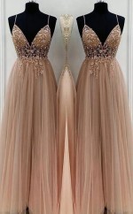 A-lineprincess Perlen Tüll Spaghettiträger Bodenlanges Kleid JTC21793