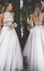 A-linie Tüll Hoher Hals Bodenlang Mit Perlenkleid JTC2323