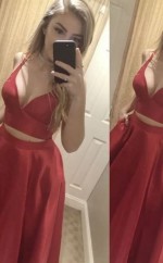 A-linie Satin V-ausschnitt Bodenlang Mit Rüschen Zweiteiliges Kleid JTC3683