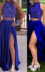 A-linie Elastisch Gewebter Satin High Neck Zug Mit Perlen Zweiteiliges Kleid JTC3693