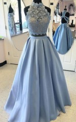 Ballkleid Satin High Neck Bodenlang Mit Applikation Zweiteiliges Kleid JTC5453