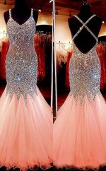 Meerjungfrau Tüll Mit V-ausschnitt Und Bodenlangem Paillettenkleid JTC8633