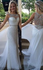 A-linie Bateau Mit Perlen Chiffon Zug Kleid JTC9063