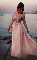 A-linie Chiffon Bateau Langarm Zug Mit Perlen Kleid JTCv52353