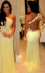 Mantel Chiffon One-shoulder Langarm Zug Mit Applique Kleid JTCv52523