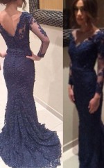 Meerjungfrau Spitze V-ausschnitt Lange Ärmel Zug Mit Applikation Kleid JTCv5523