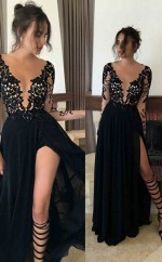 A-linie Chiffon Transparenten Hals Lange Ärmel Bodenlang Mit Spitzenkleid JTCv5663