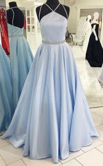 A-linie Satinhalfter Bodenlang Mit Perlenkleid JTCv5683