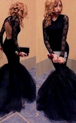 Meerjungfrau Tüll Schaufel Lange Ärmel Bodenlang Mit Spitzenkleid JTCv6183