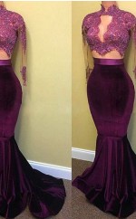 Meerjungfrau Satin High Neck Langarm Zug Mit Applikation Kleid JTCv6893