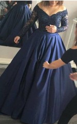 Ballkleid Satin Schulterfreier Langarmzug Mit Perlenkleid JTCv7083