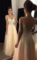 A-linie V-ausschnitt Bodenlang Mit Appliziertem Tüllkleid JTCvo673