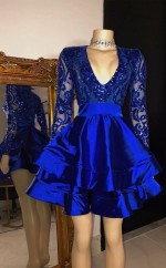 Königsblau Langarm V-ausschnitt Kurzes Abschluss ballkleid REAL001