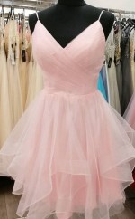 Kurzes V -hals -Rosa -junior -prom -kleid REAL028