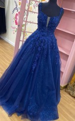 Dunkelblau Spitzen Perlen -Abschluss ballkleid REALS042