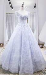 Blaues Spitzenblumen -langes Abschluss ballkleid REALS043