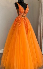 V Hals Orange Spitzen -Abschluss ballkleid REALS049