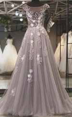 Graue Spitze Formelles Abendkleid REALS064