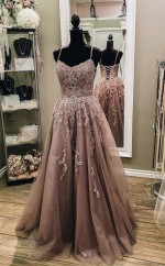 V Hals Champagner Spitzen -prom -kleid REALS077