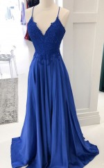V Hals Königsblau Lace Ballkleider REALS079