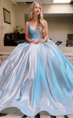 V Halsblau Langes Abschluss ballkleid REALS102